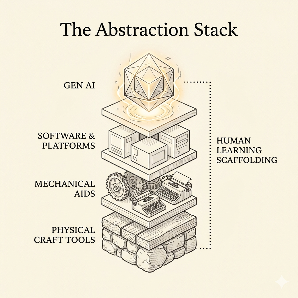 A vertical diagram showing the layers of technology abstraction from physical craft tools and mechanical aids to software, platforms, and Gen AI, highlighting the loss of human learning scaffolding at the highest level.