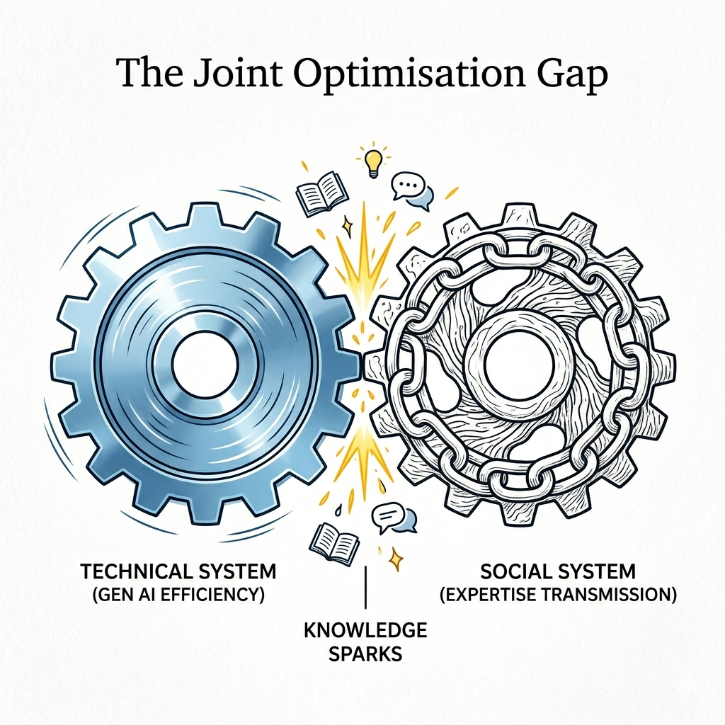 An illustration showing a technical system gear representing Gen AI efficiency failing to mesh with a social system gear representing expertise transmission, with 'knowledge sparks' falling through the gap.