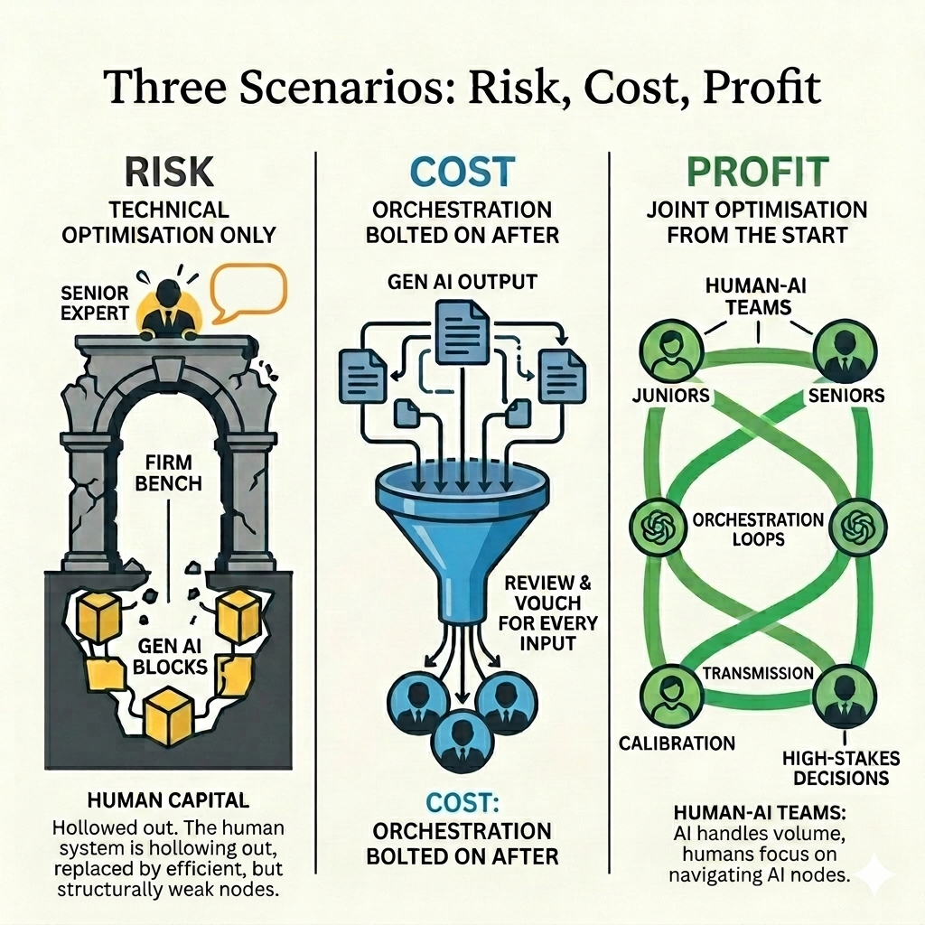 A three-column infographic comparing Risk (a hollowed-out 'Firm Bench'), Cost (a bottlenecked review funnel), and Profit (an integrated network of human-AI orchestration loops and expertise transmission).