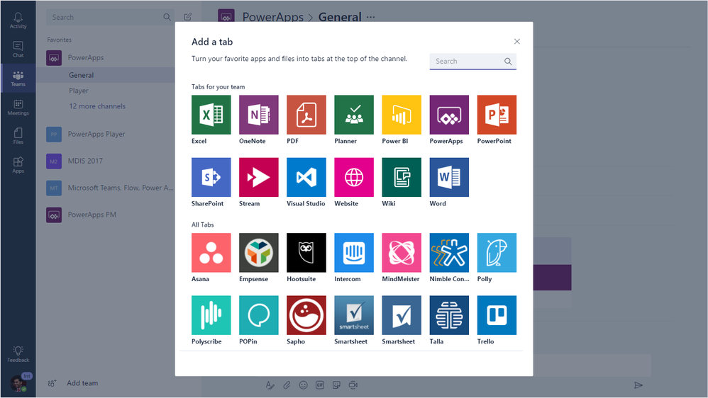 Screenshot of adding an integration as a tab in Microsoft Teams
